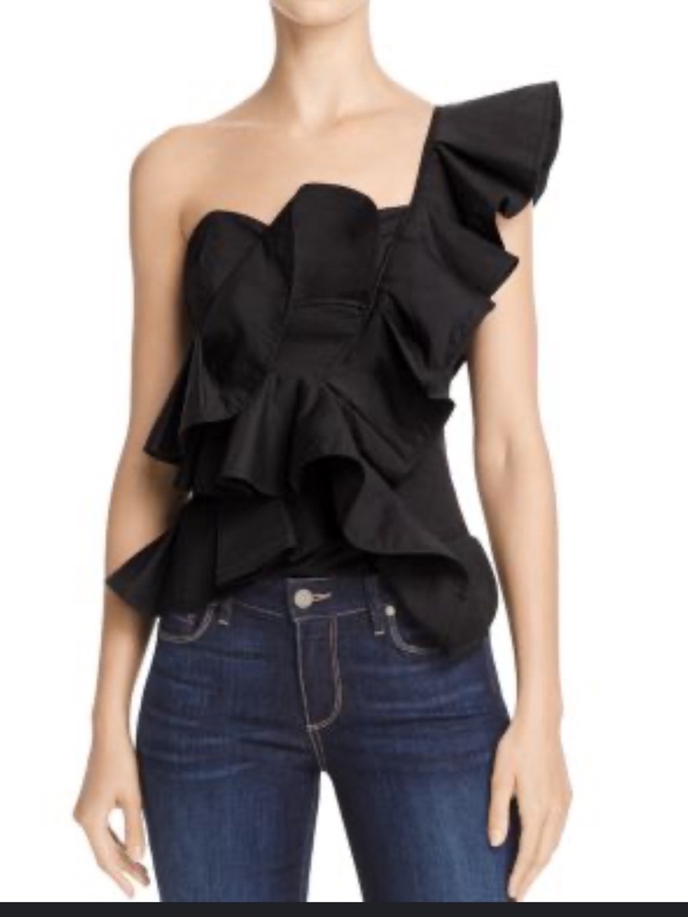 Alpha Omega Asymmetric One-Shoulder Ruffle Crop Top - Black